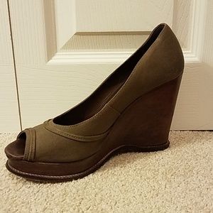 MICHAEL KORS Olive Green Canvas Leather Wedge